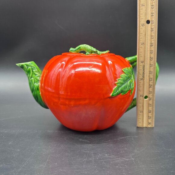 Vintage Tomato Teapot 1950s Japan Kitschy Ceramic Red Green Kitchen Retro Veggie - Picture 11 of 11